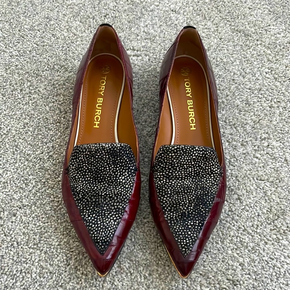 Tory Burch Calf Hair Pointed Toe Leather Loafer